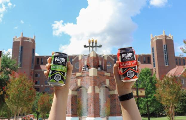 Proof Brewing Company cans of Mango Wit and 850 Pale Ale at Doak Campbell stadium