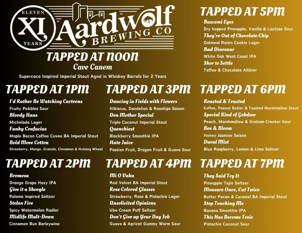 Aardwolf 11 year anniversary taplist